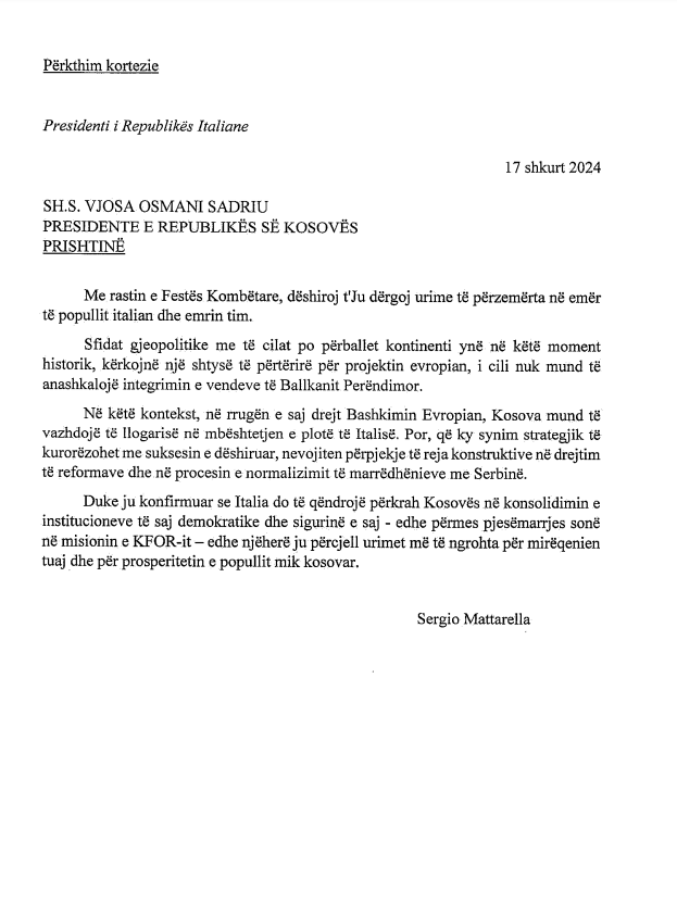 Presidenti i Italisë uron Osmanin: Italia do të qëndrojë përkrah Kosovës